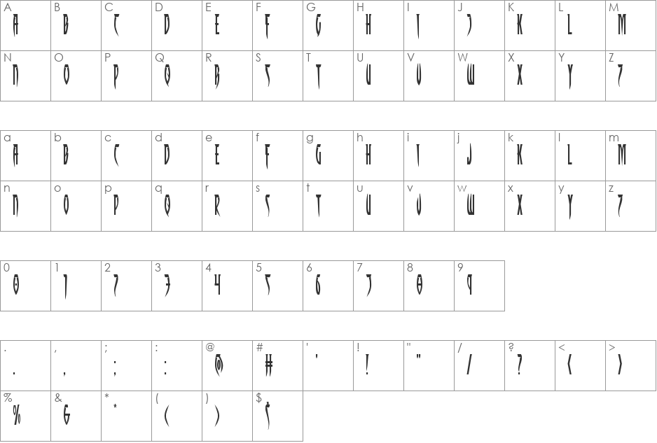 Inhumanity font character map preview