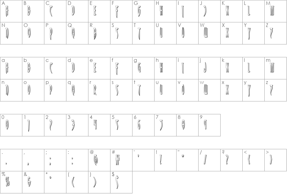 Inhumanity 3D font character map preview