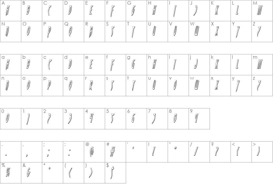 Inhumanity 3D Italic font character map preview