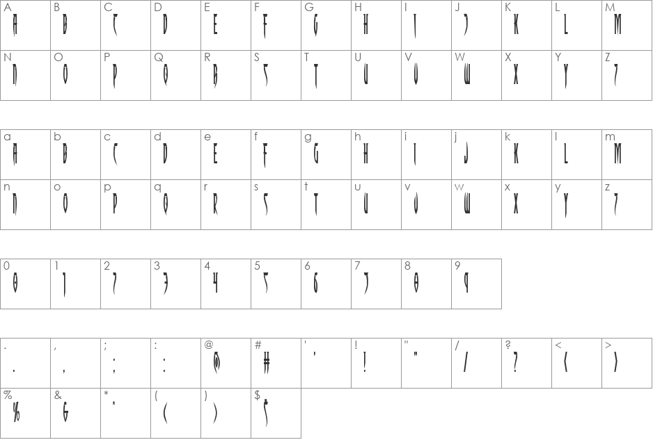 Inhumanity Condensed font character map preview