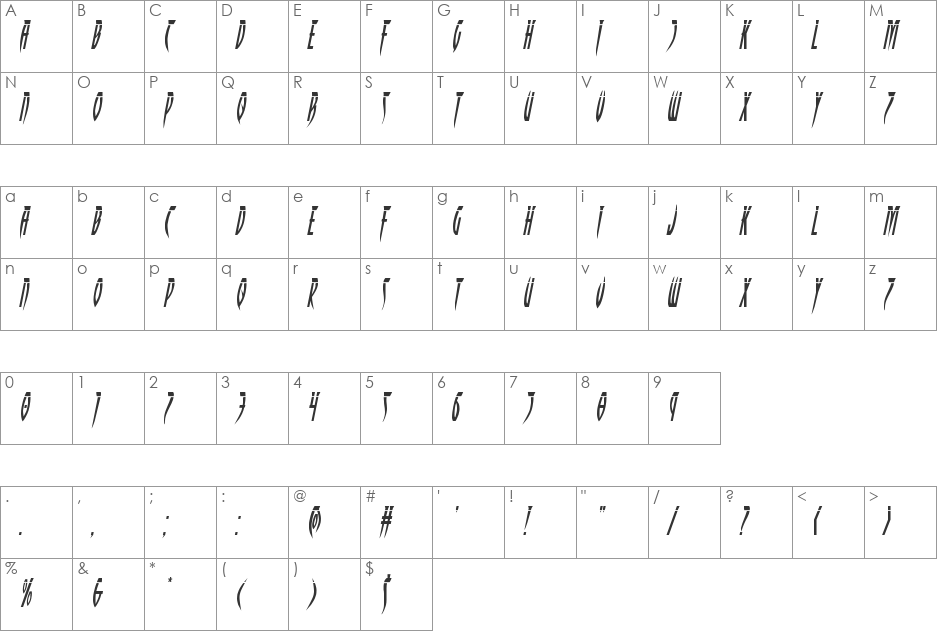 Inhumanity Laser Italic font character map preview