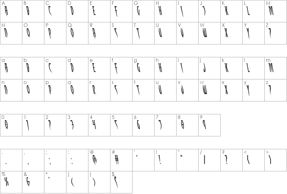 Inhumanity Leftalic font character map preview