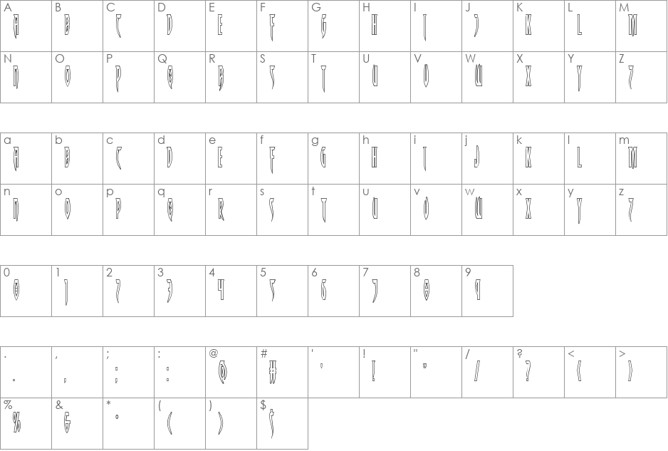 Inhumanity Outline font character map preview