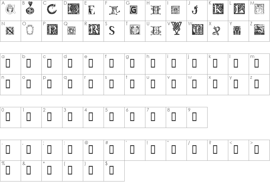 Initials font character map preview