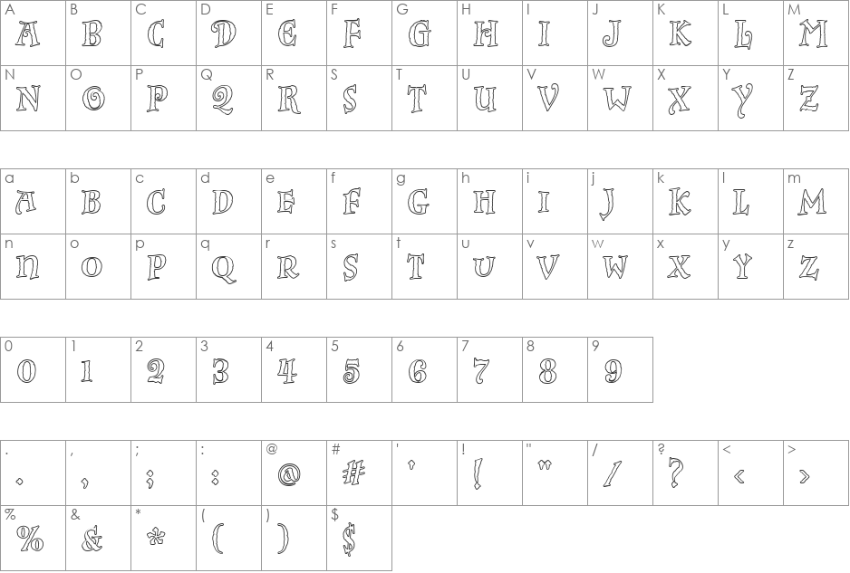 InkpotFitcapsOutline font character map preview