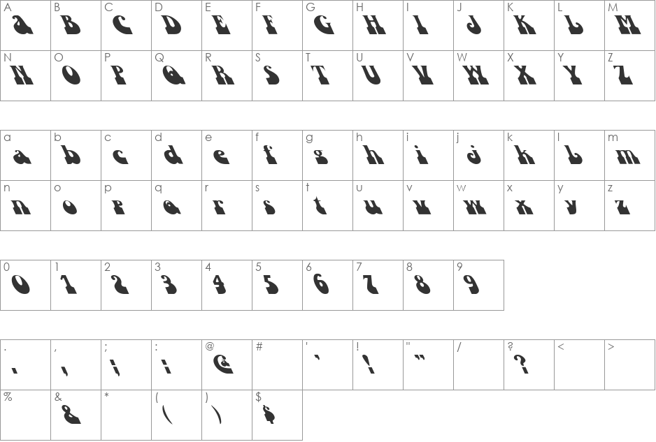 Inkwell Down Left font character map preview