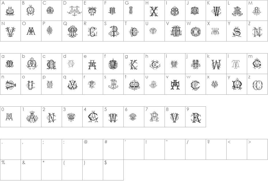 Intellecta Monograms Random Samples Five font character map preview