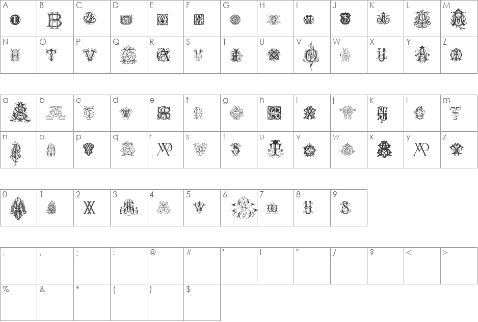 Intellecta Monograms Random Samples Nine font character map preview