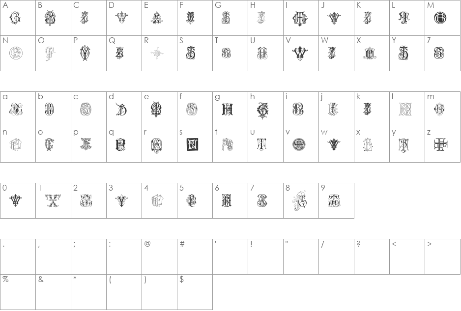 Intellecta Monograms Random Samples Seven font character map preview