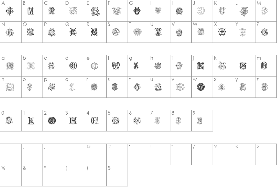 Intellecta Monograms Random Samples Six font character map preview
