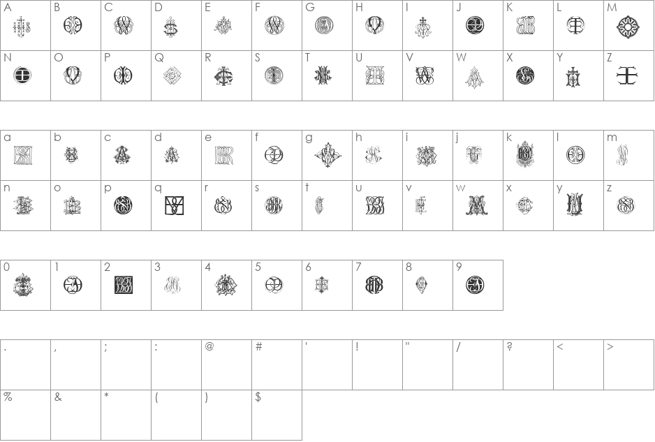 Intellecta Monograms Random Samples Ten  font character map preview