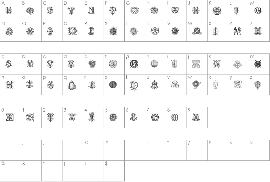 Intellecta Monograms Random Samples Three.vfb font character map preview