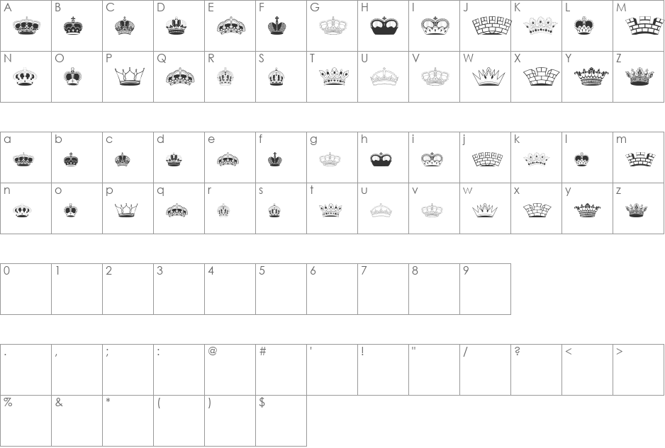 IntellectaCrowns font character map preview