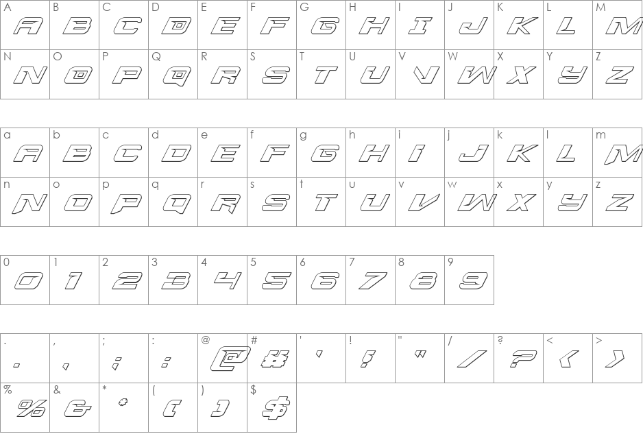 Interdiction 3D Italic font character map preview