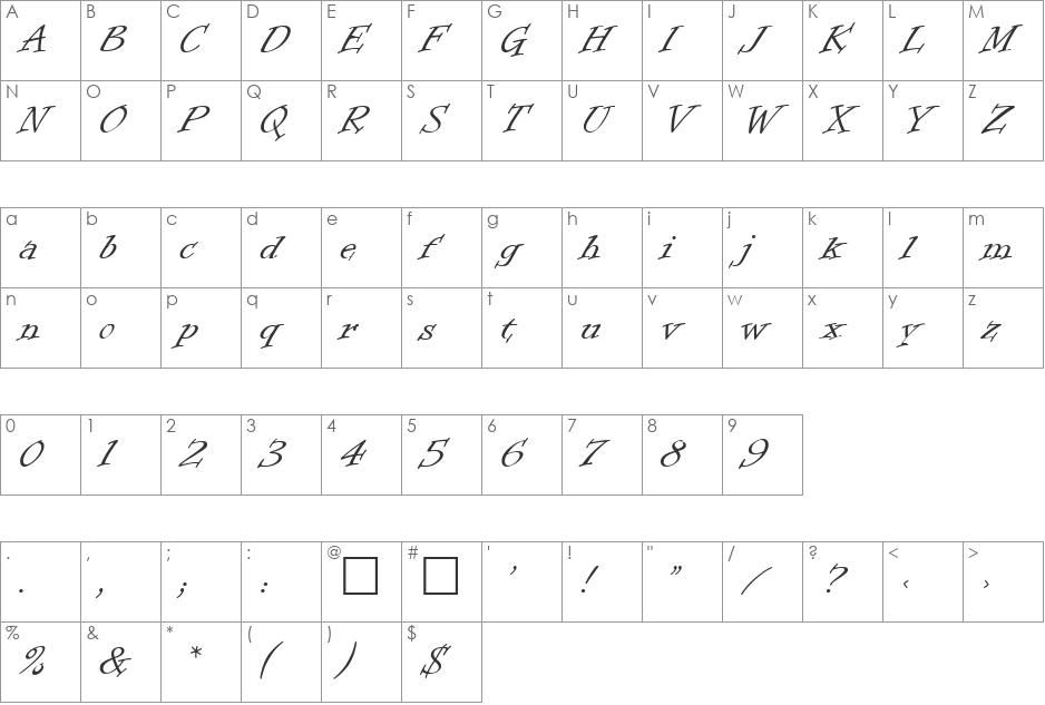 Intermezzo font character map preview