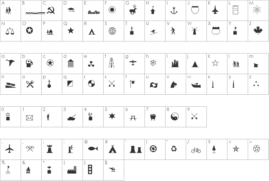 International Icons A font character map preview