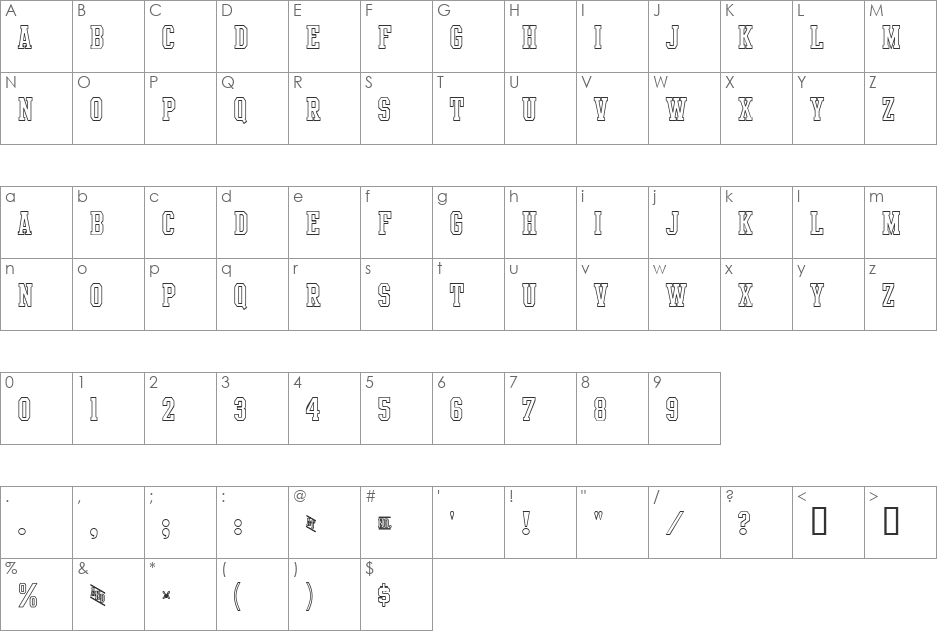 Intramural Outline JL font character map preview