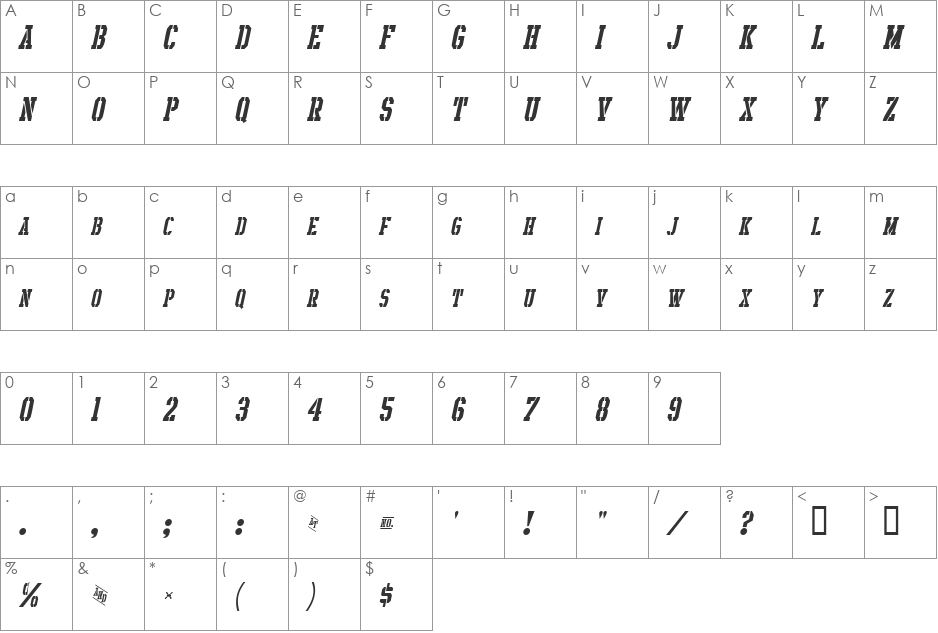 Intramural Stencil It. SC JL font character map preview