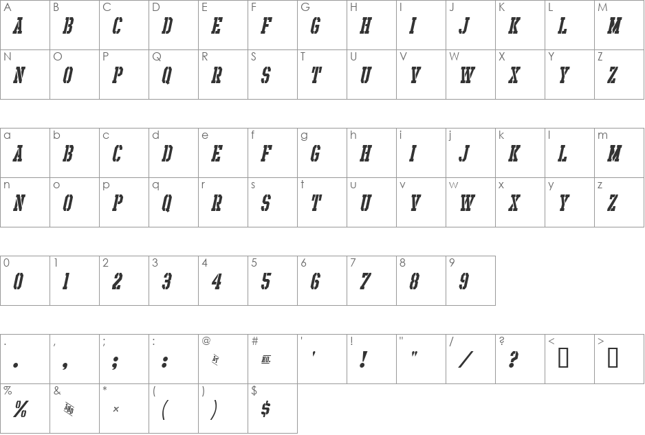 Intramural Stencil Italic JL font character map preview