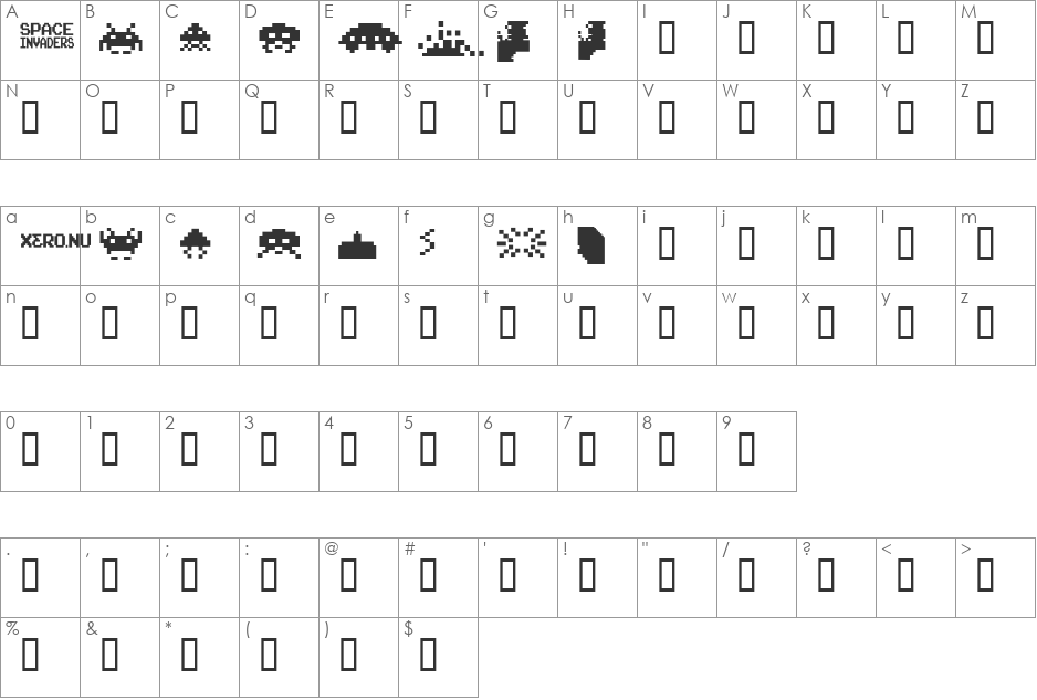 Invaders font character map preview