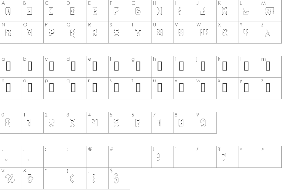 Invaders Part Two Outline font character map preview