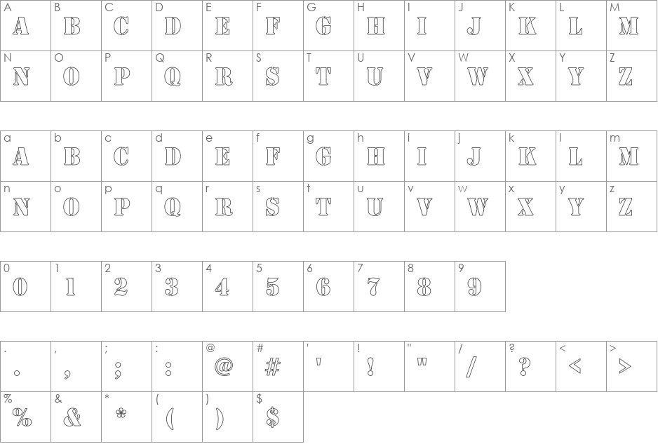 Army Hollow Condensed font character map preview
