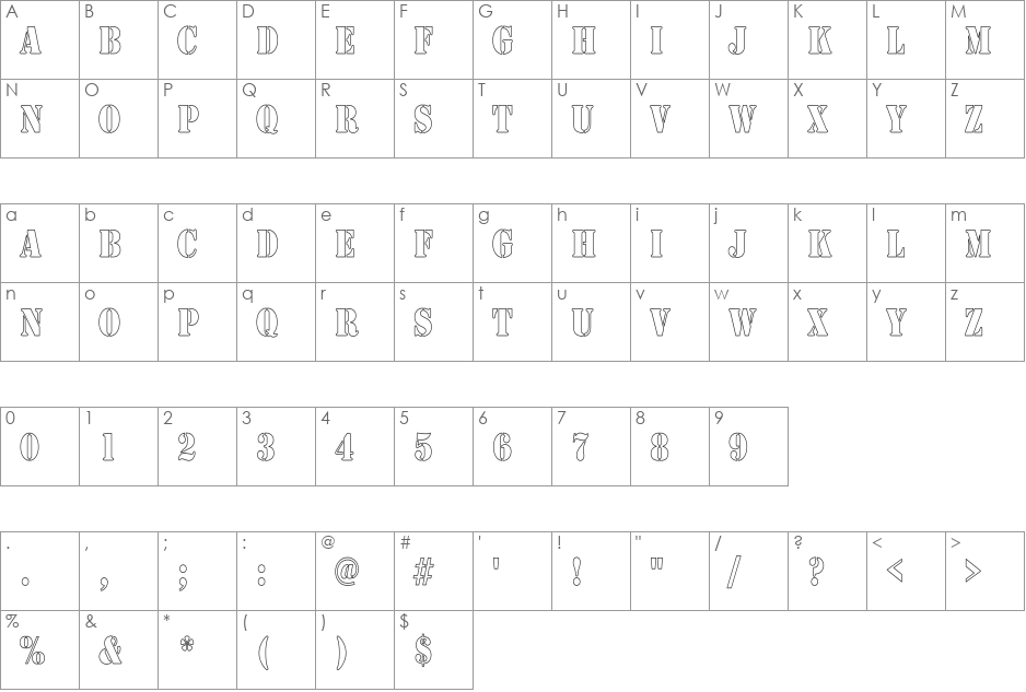 Army Hollow Thin font character map preview