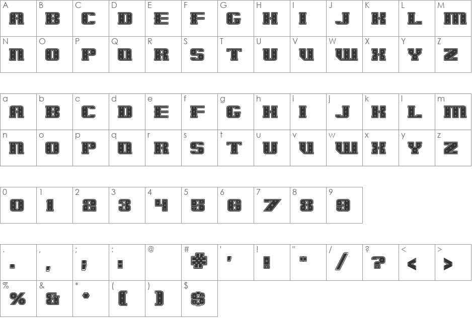 IronCladBoltedRaised font character map preview