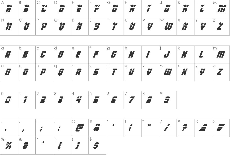 Army Rangers Laser Italic font character map preview