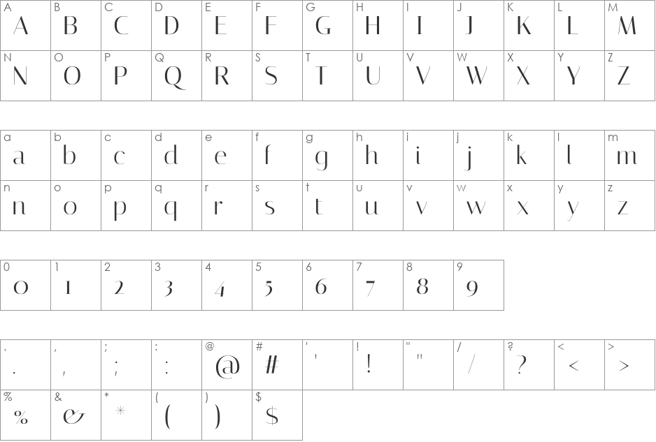 Italiana font character map preview