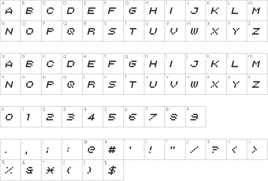 Italipixel font character map preview