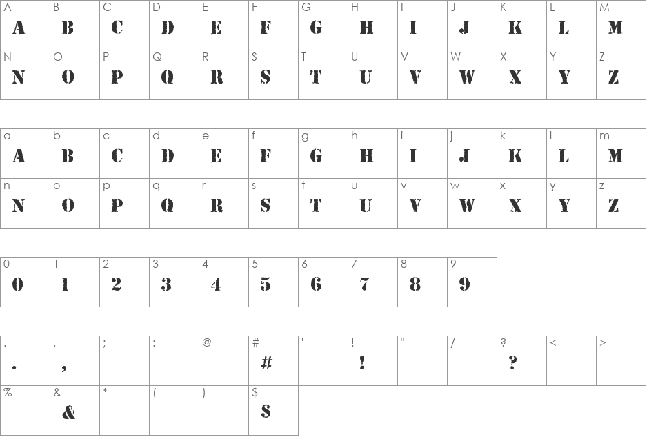 ARMY RUST font character map preview