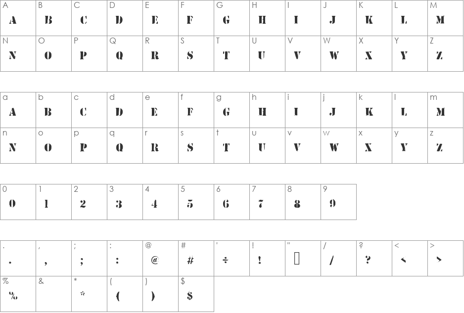 ArmyStamp font character map preview