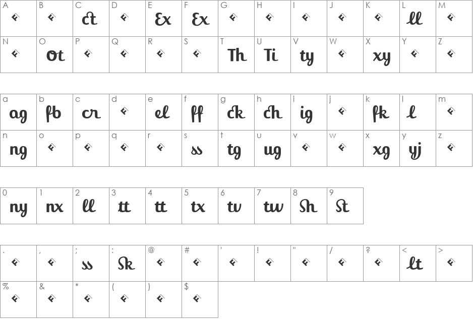 JackieLigaturesBold font character map preview