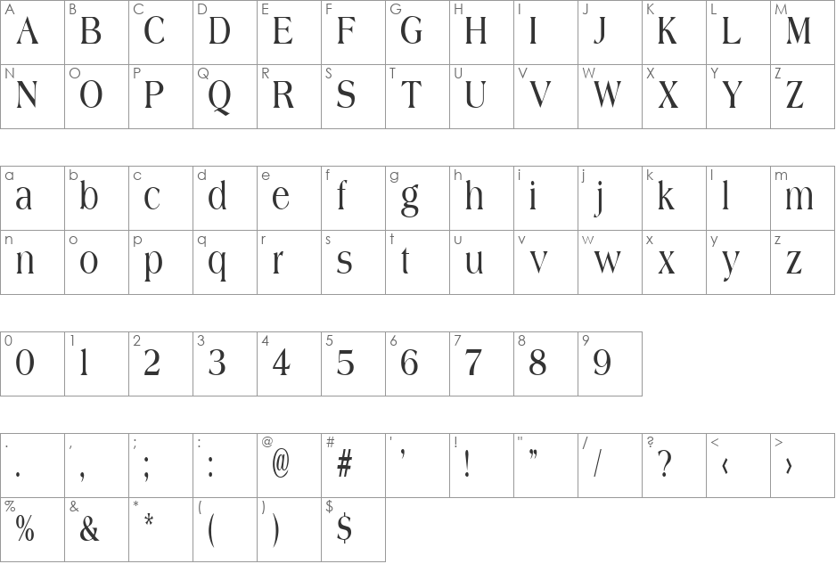 JadeCondensed font character map preview