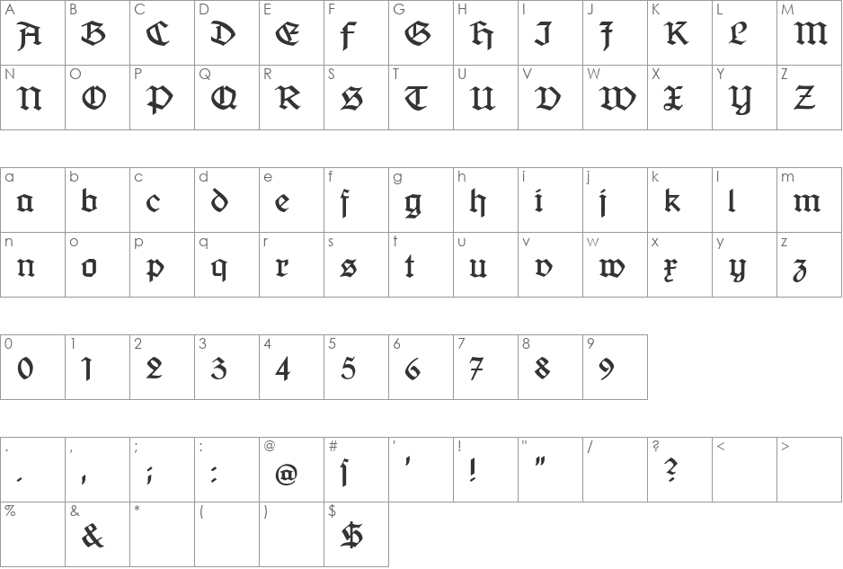 Jaecker-Schrift font character map preview