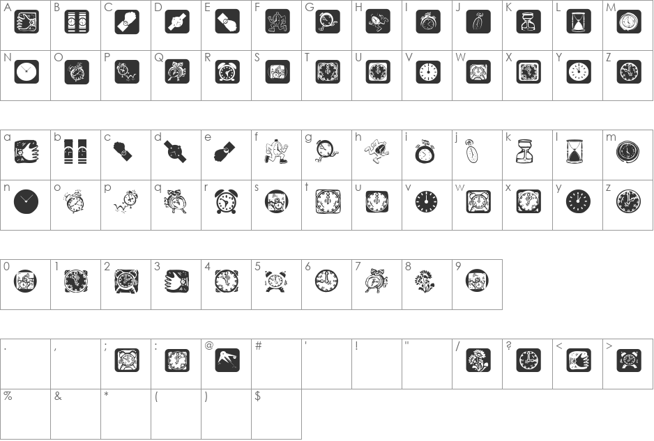 AroundTheClock font character map preview