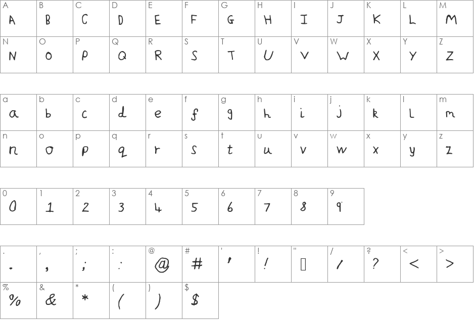 JakesWriting font character map preview