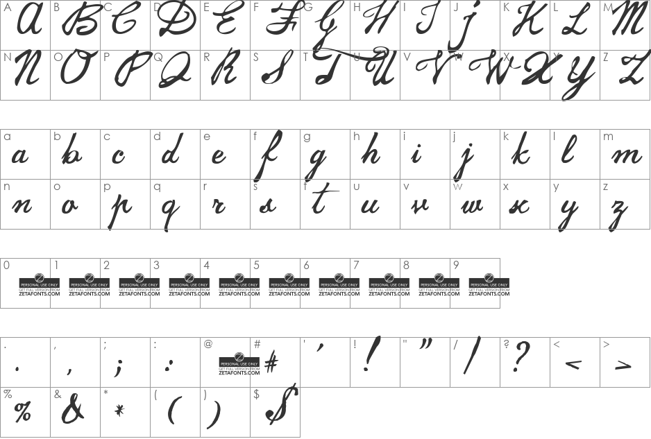 Jamscript font character map preview