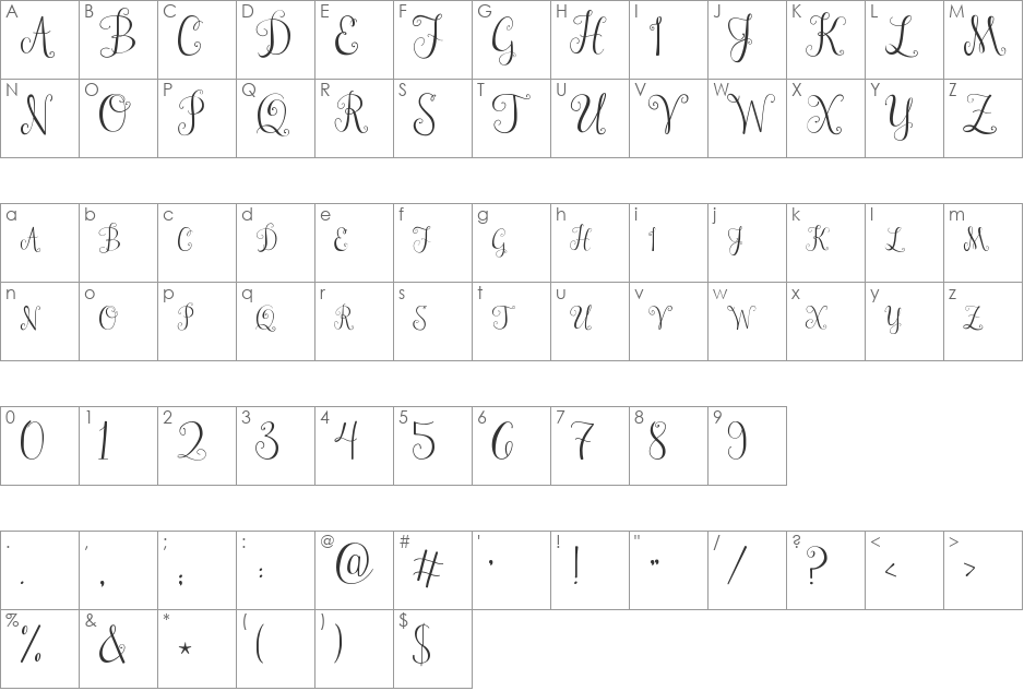 Janda Stylish Monogram font character map preview