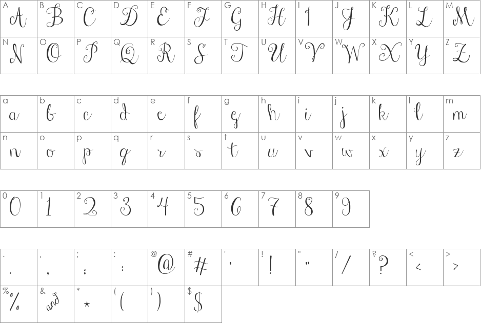 Janda Stylish Script font character map preview