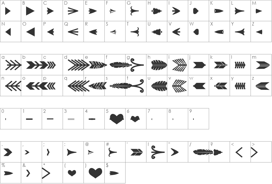 Arrow Crafter font character map preview