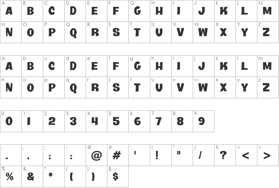 Java Kick BTN font character map preview