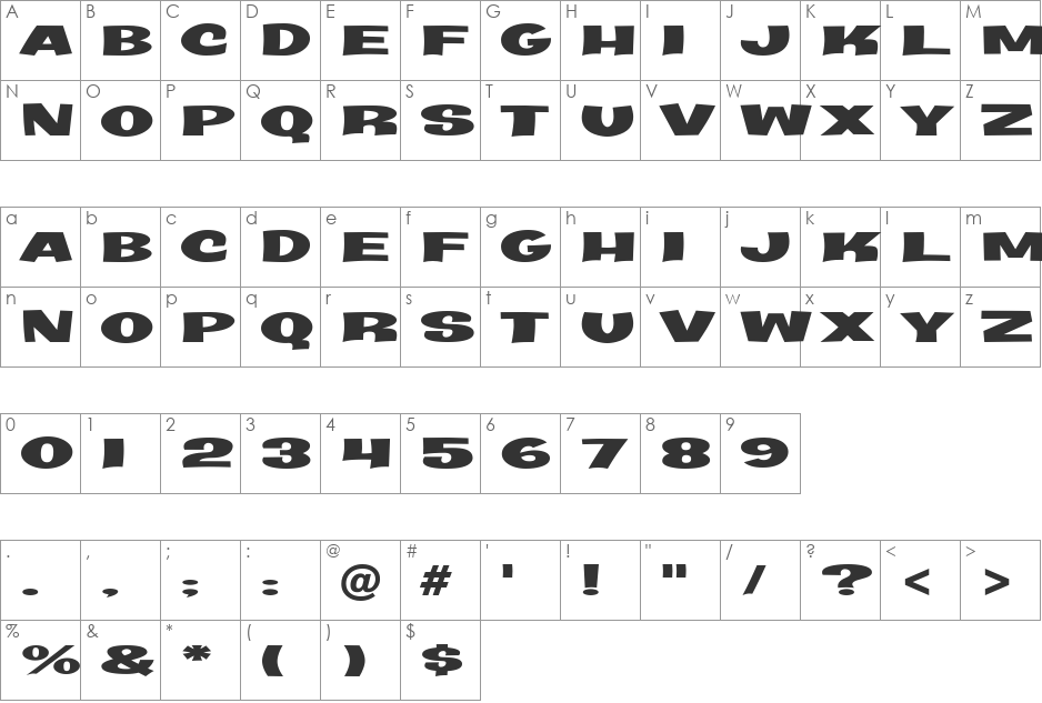 Java Kick BTN Wide font character map preview