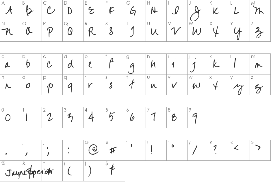 Jayne font character map preview