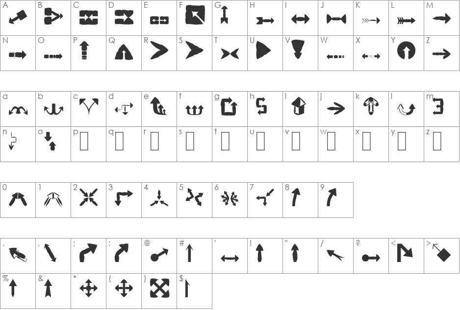 Arrows Mangle font character map preview