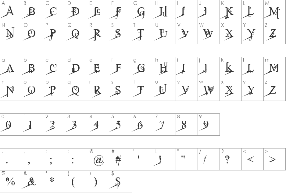 Jean Splice LoLeft font character map preview