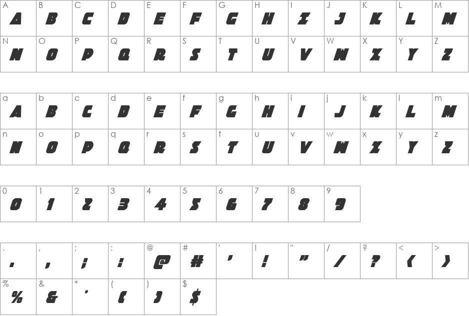 Jedi Special Forces Condensed Italic font character map preview