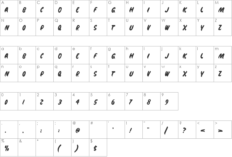 Jeepney Brush font character map preview