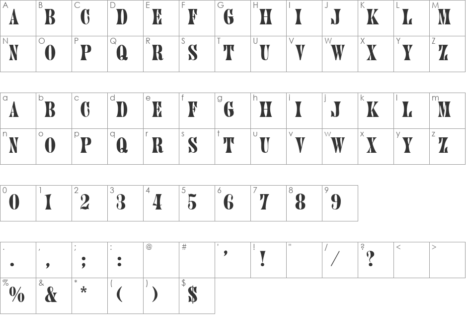 JenniferThin font character map preview